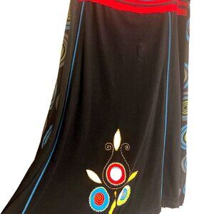 Ethnic NEPAL Embroider Applique Knitted A- Line Black Skirt Size L Handmade Boho
